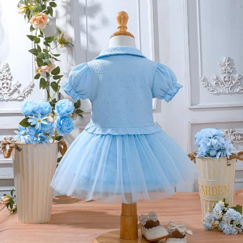 Kunyeah Toddler Girls Dress with Cardigan Baby Summer Tutu Dress Little Girl Sleeveless Tulle Skirts Short Sleeve Ruffle Coat Blue - Image 4