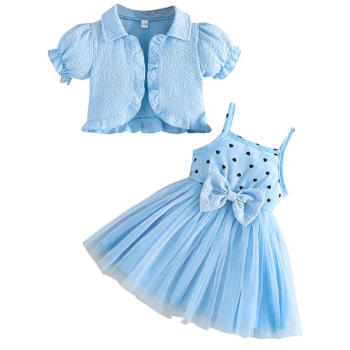 Kunyeah Toddler Girls Dress with Cardigan Baby Summer Tutu Dress Little Girl Sleeveless Tulle Skirts Short Sleeve Ruffle Coat Blue - Image 1