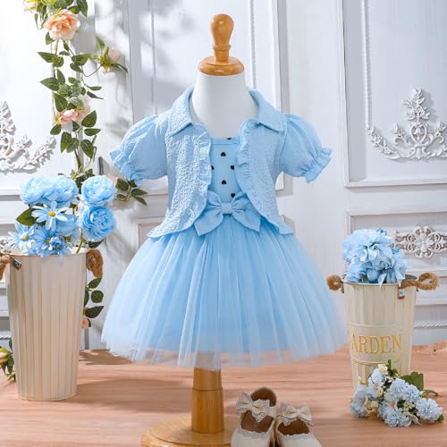 Kunyeah Toddler Girls Dress with Cardigan Baby Summer Tutu Dress Little Girl Sleeveless Tulle Skirts Short Sleeve Ruffle Coat Blue - Image 2