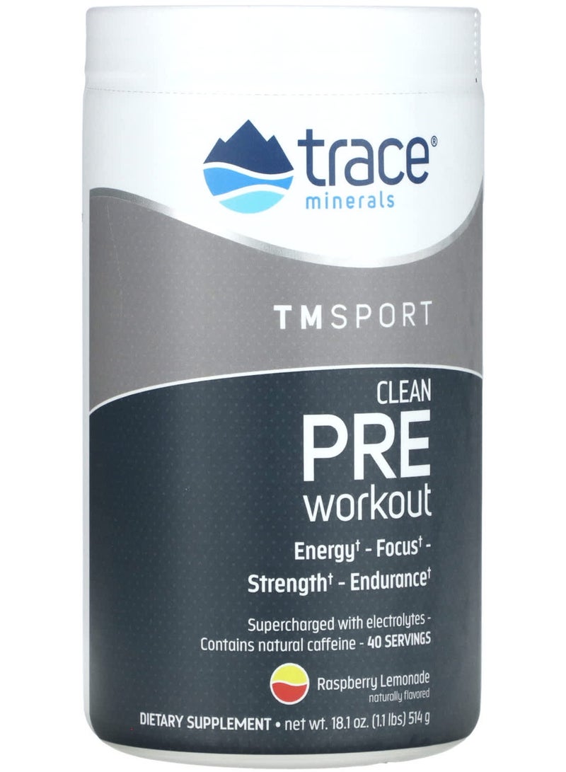 Trace Minerals TM Sport, Clean Pre Workout, Raspberry Lemonade, 1.1 lbs (514 g)