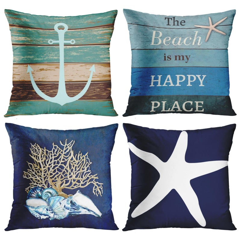 Emvency Set of 4 Throw Pillow Covers Nautical Coastal Beach and Blue Turquoise Anchor Weathered Wood Old Decorative Pillow Cases Home Decor Square 20x20 Inches Pillowcases - Image 1