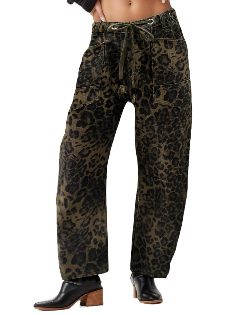 Kedera Barrel Jeans for Women Mid Rise Baggy Leopard Pants Wide Leg Denim Pants Drawstring Jeans with Pockets - Image 1