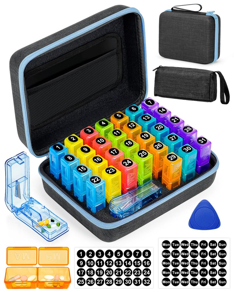FRIWOLE Monthly Pill Organizer 2 Times a Day with Weekly Pill Bags, Portable Hard Shell Case, Pill Cutter & Opener Pick, Monthly and Weekly Stickers for Medication Management (Blue, 2 Times a Day) - Image 1