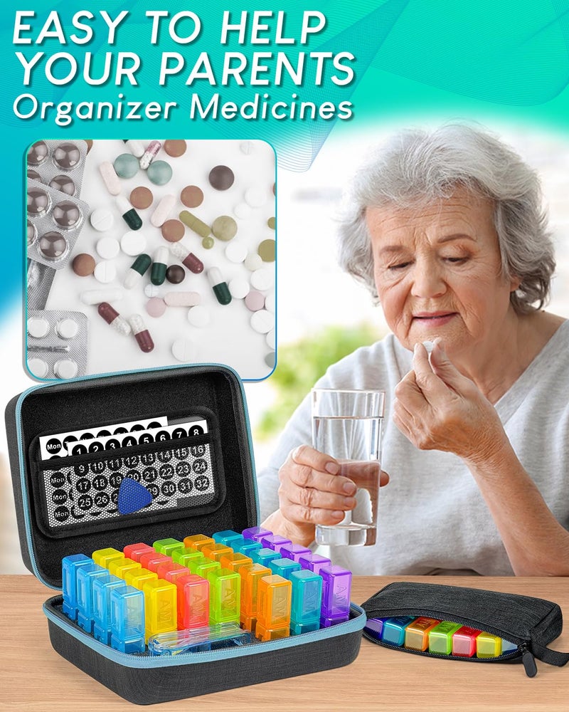 FRIWOLE Monthly Pill Organizer 2 Times a Day with Weekly Pill Bags, Portable Hard Shell Case, Pill Cutter & Opener Pick, Monthly and Weekly Stickers for Medication Management (Blue, 2 Times a Day) - Image 5