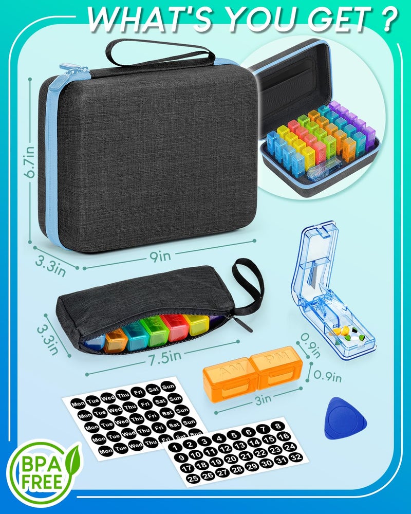 FRIWOLE Monthly Pill Organizer 2 Times a Day with Weekly Pill Bags, Portable Hard Shell Case, Pill Cutter & Opener Pick, Monthly and Weekly Stickers for Medication Management (Blue, 2 Times a Day) - Image 2
