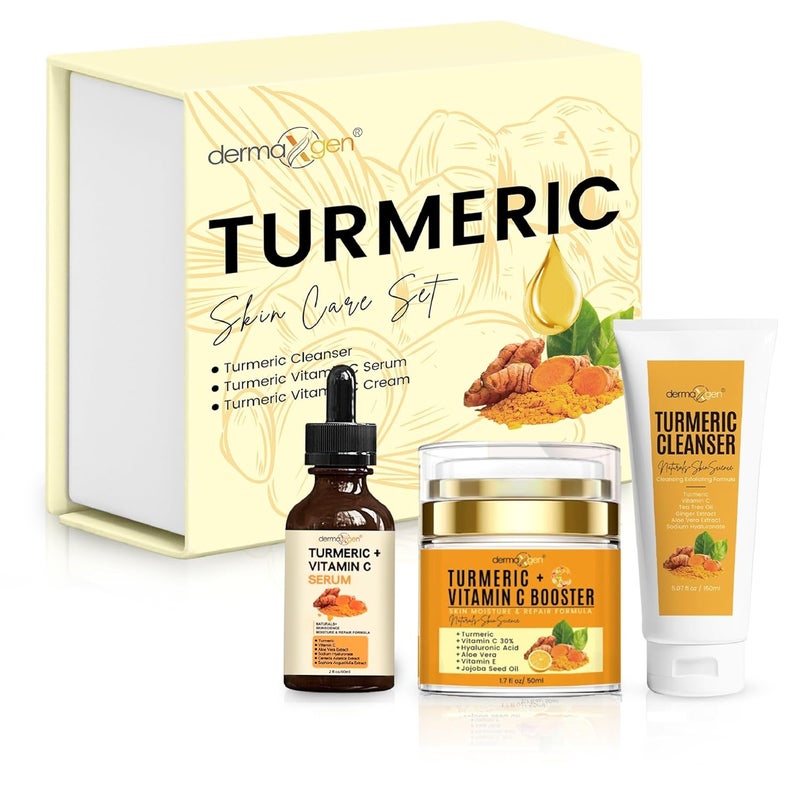 dermaxgen Glow Boosting Moisturizer Organic Ingredients AntiAging Reduce Acne Dark Spot Remover Cleanser Moisturizing Cream Serum  Oil for Normal Oily Skin  Set of 3 Turmeric Premium Set 