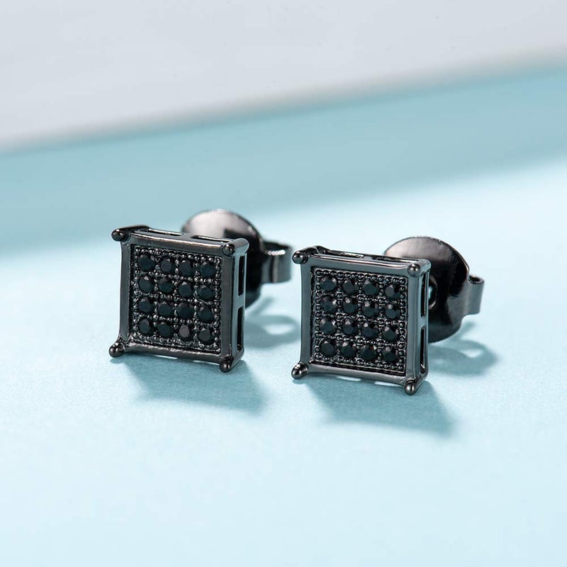 Tarsus Mens Square Earrings Black Stud Diamond Crystal Small 316L Surgical Stainless Steel Post for Sensitive Ears Cool Guy Jewelry Gift Men, Women Unisex 7mm -Tarsus - Image 2