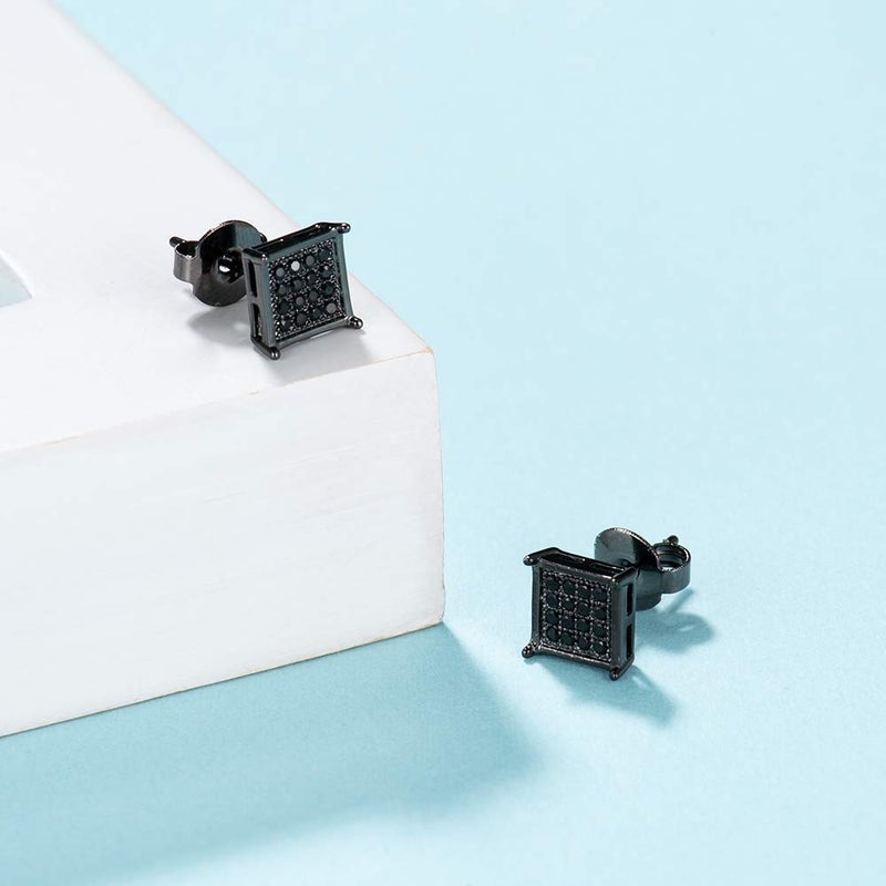 Tarsus Mens Square Earrings Black Stud Diamond Crystal Small 316L Surgical Stainless Steel Post for Sensitive Ears Cool Guy Jewelry Gift Men, Women Unisex 7mm -Tarsus - Image 4