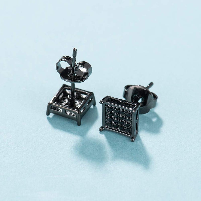 Tarsus Mens Square Earrings Black Stud Diamond Crystal Small 316L Surgical Stainless Steel Post for Sensitive Ears Cool Guy Jewelry Gift Men, Women Unisex 7mm -Tarsus - Image 3