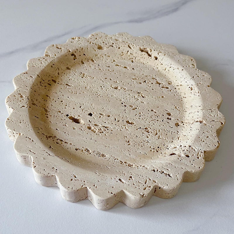 SAIDKOCC SAIDKOCC Marble Tray Round Scalloped Tray Small Serving Platter for Counter  Bathroom  Kitchen  Nightstand  Jewelry Ring Dish Holder (Coffee Net)  - Image 1