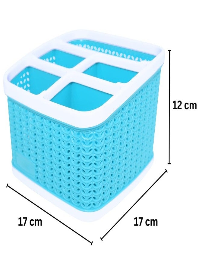 MORVI Minty Plastic Multipurpose Desk Organizer With 5 Compartments|For Home,Kitchen,Bathroom,Parlour,Office|Pen Stand,Cutlery,Stationary,Cosmetic,Tooth Brush|Set Of 2|Blue - Image 2