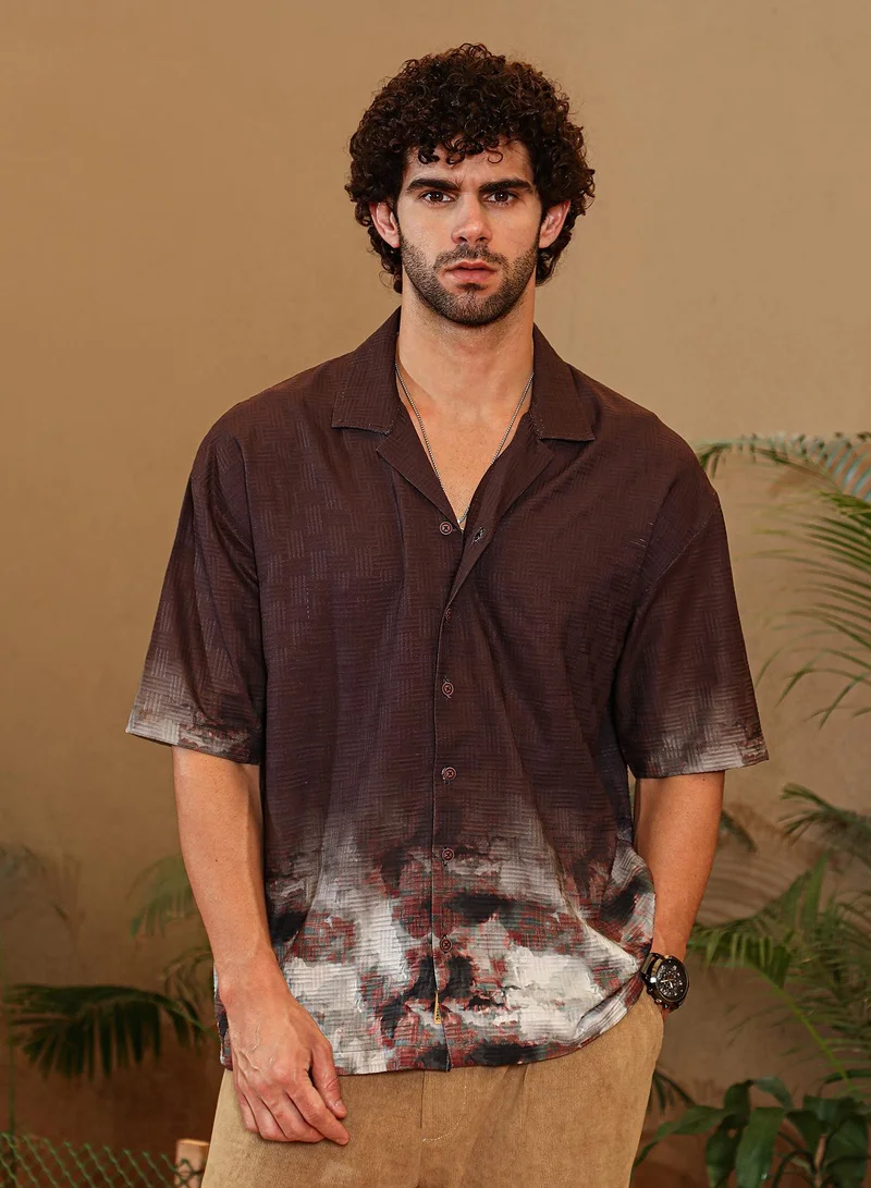 Campus Sutra Campus Sutra Men's Chocolate Brown Abstract-Ombre Oversized Shirt For Casual Wear | Cuban Collar | Short Regular Sleeves | Button Closure | Oversized Shirt Crafted With Comfort Fit For Everyday Wear
