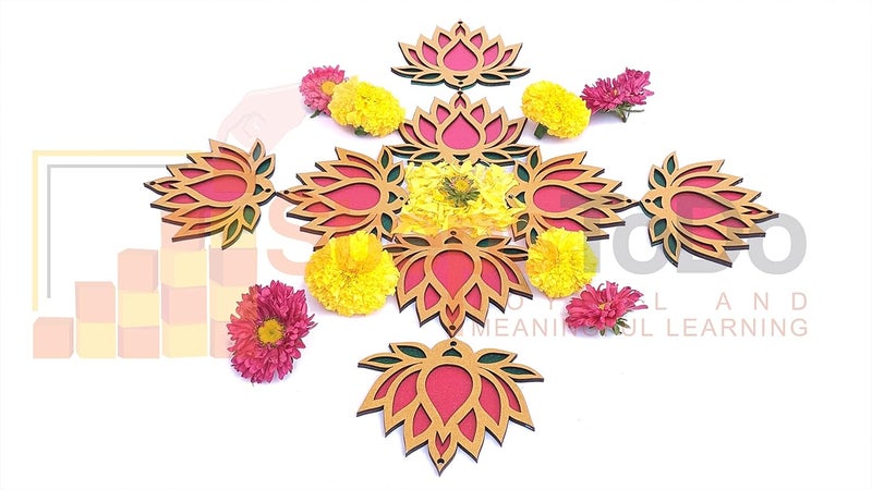 StepsToDo Wooden Lotus Flower Cutouts – Set of 12 | Golden, Rose Pink & Green | Diwali DIY Craft Kit | Decorative for Pooja, Festival, Wedding Return Gifts - Image 3