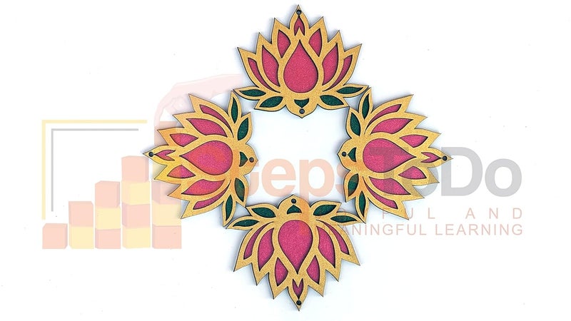 StepsToDo Wooden Lotus Flower Cutouts – Set of 12 | Golden, Rose Pink & Green | Diwali DIY Craft Kit | Decorative for Pooja, Festival, Wedding Return Gifts - Image 2