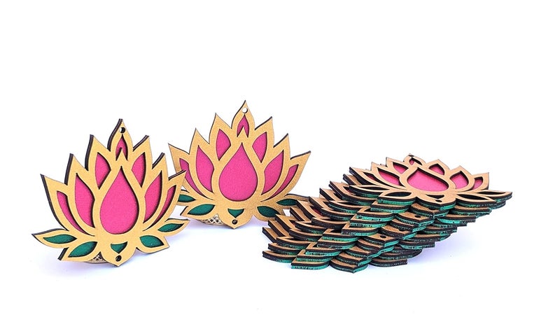 StepsToDo Wooden Lotus Flower Cutouts – Set of 12 | Golden, Rose Pink & Green | Diwali DIY Craft Kit | Decorative for Pooja, Festival, Wedding Return Gifts - Image 1