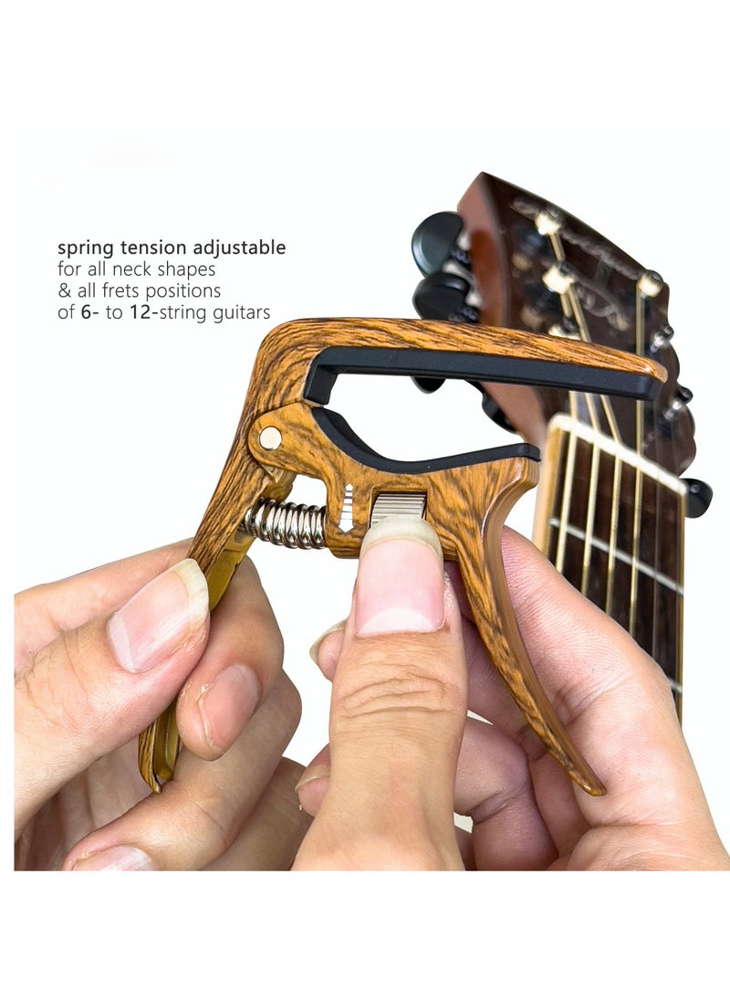null - Professional Capo for Acoustic and Electric Guitars Tension Adjustable for Buzz-Free In-Tune Performance at Any Fret Extra Function as Strings Pin Puller Wood Grain Color Single Hand Use - Image 1