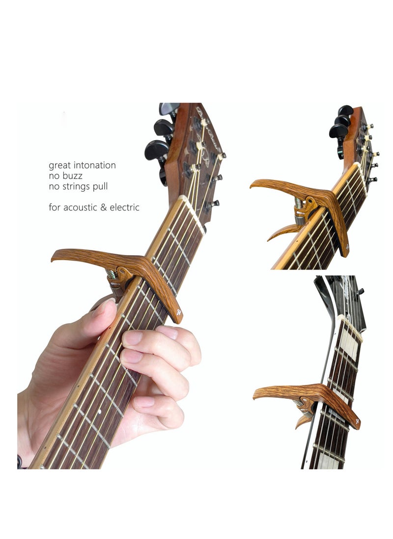 null - Professional Capo for Acoustic and Electric Guitars Tension Adjustable for Buzz-Free In-Tune Performance at Any Fret Extra Function as Strings Pin Puller Wood Grain Color Single Hand Use - Image 1
