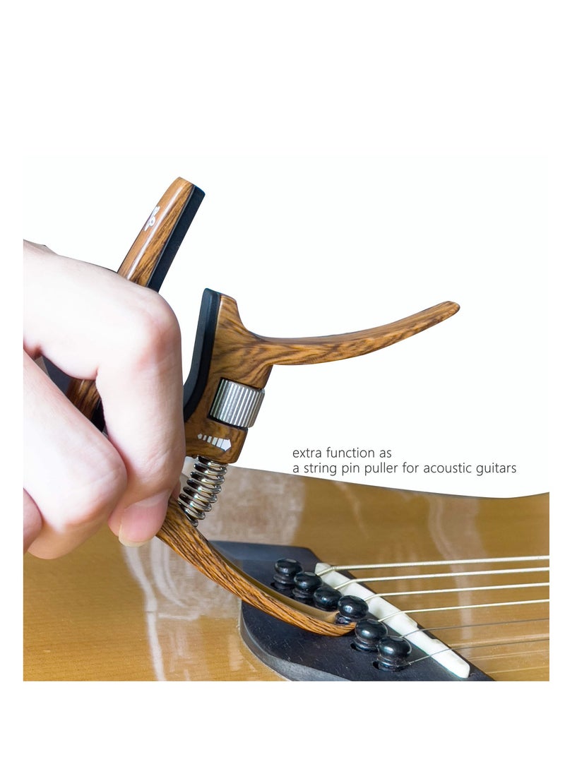 null - Professional Capo for Acoustic and Electric Guitars Tension Adjustable for Buzz-Free In-Tune Performance at Any Fret Extra Function as Strings Pin Puller Wood Grain Color Single Hand Use - Image 1