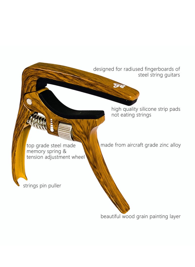 null - Professional Capo for Acoustic and Electric Guitars Tension Adjustable for Buzz-Free In-Tune Performance at Any Fret Extra Function as Strings Pin Puller Wood Grain Color Single Hand Use - Image 1