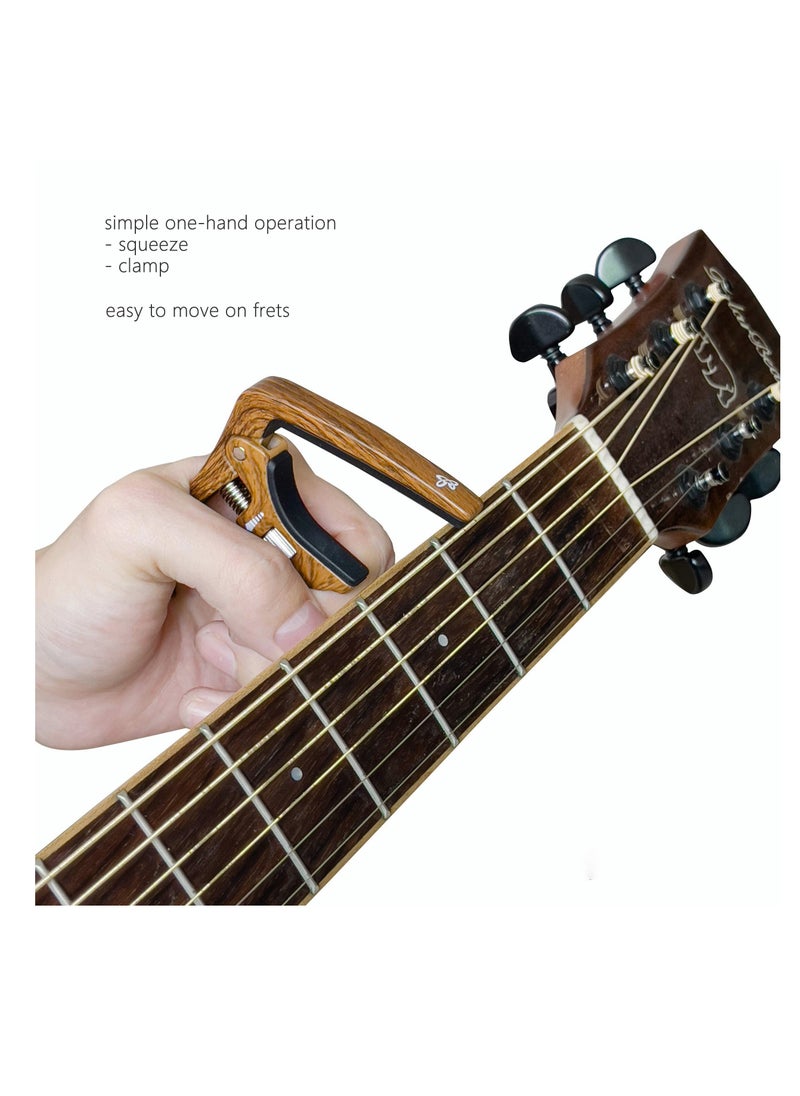 null - Professional Capo for Acoustic and Electric Guitars Tension Adjustable for Buzz-Free In-Tune Performance at Any Fret Extra Function as Strings Pin Puller Wood Grain Color Single Hand Use - Image 1