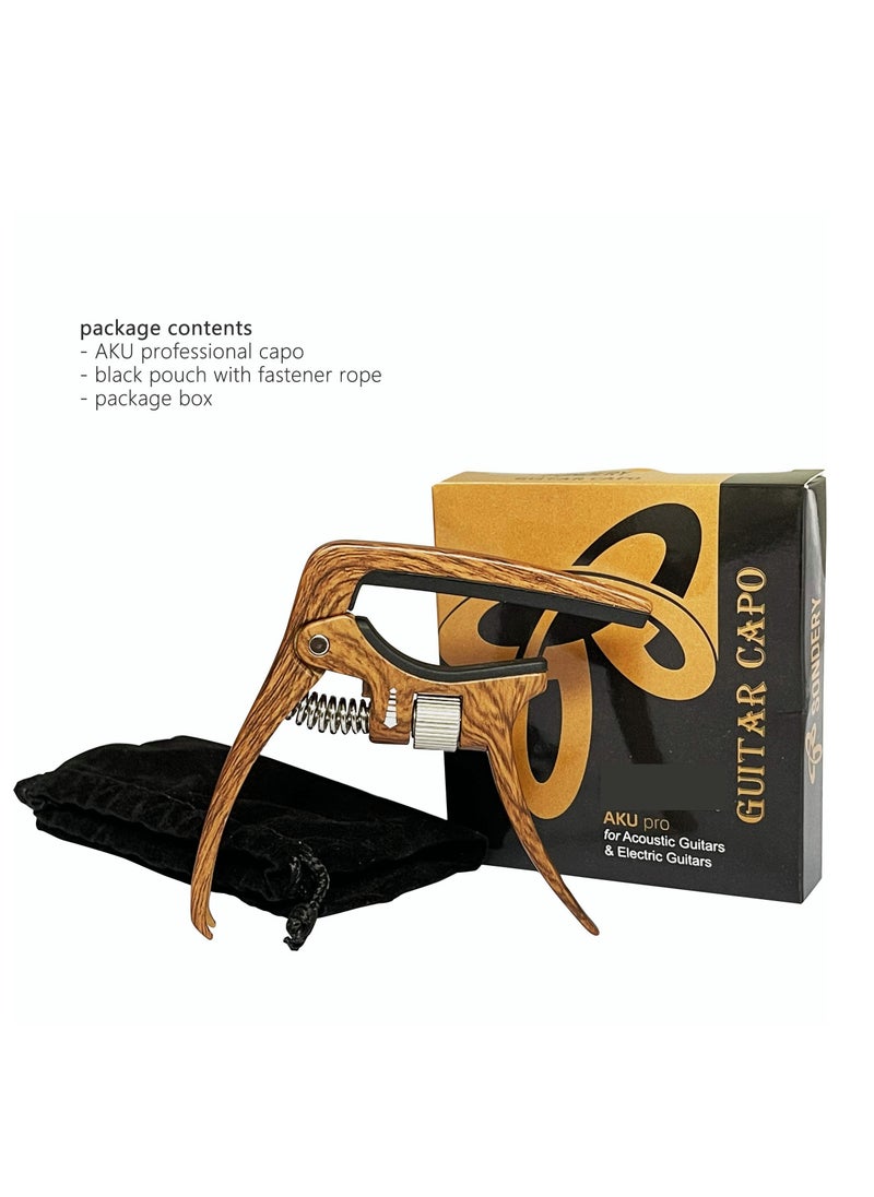 null - Professional Capo for Acoustic and Electric Guitars Tension Adjustable for Buzz-Free In-Tune Performance at Any Fret Extra Function as Strings Pin Puller Wood Grain Color Single Hand Use - Image 1