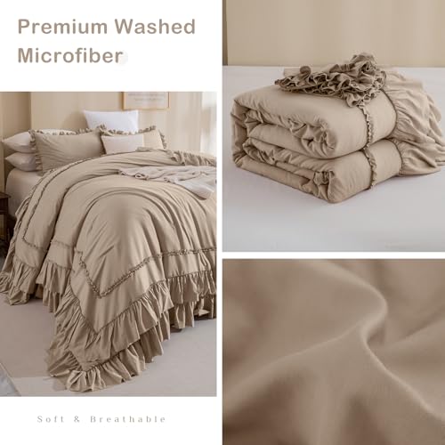 Masaca Ruffled Oversized King Comforter 128x120,3 Pieces Vintage Farmhouse Shabby Bedding Set Lightweight Ultra Soft French Country Light Taupe Bedding (1 Ruffle Comforter +2 Pillowcases) - Image 4