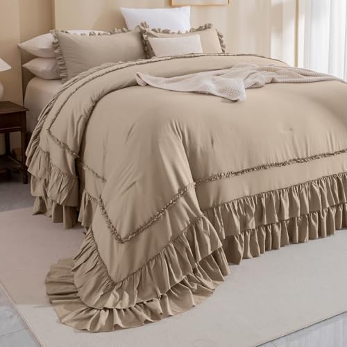 Masaca Ruffled Oversized King Comforter 128x120,3 Pieces Vintage Farmhouse Shabby Bedding Set Lightweight Ultra Soft French Country Light Taupe Bedding (1 Ruffle Comforter +2 Pillowcases) - Image 1