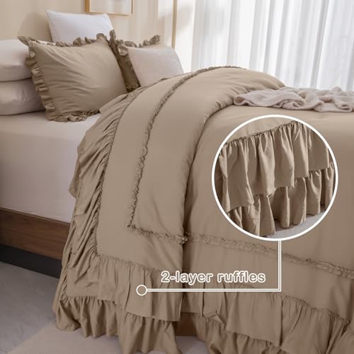 Masaca Ruffled Oversized King Comforter 128x120,3 Pieces Vintage Farmhouse Shabby Bedding Set Lightweight Ultra Soft French Country Light Taupe Bedding (1 Ruffle Comforter +2 Pillowcases) - Image 3