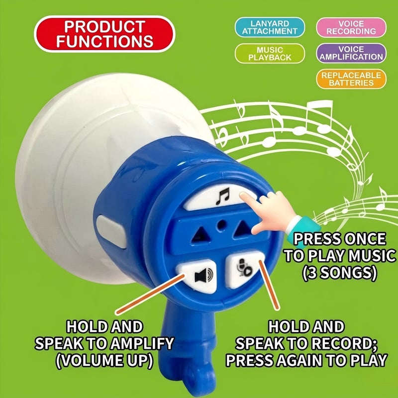 Children Megaphone Toy Portable Bullhorn Loudspeaker with Recording, Music, Siren and Lanyard, Battery Operated Kids Speaker for Party, Camping & Pretend Play/BLUE - Image 4
