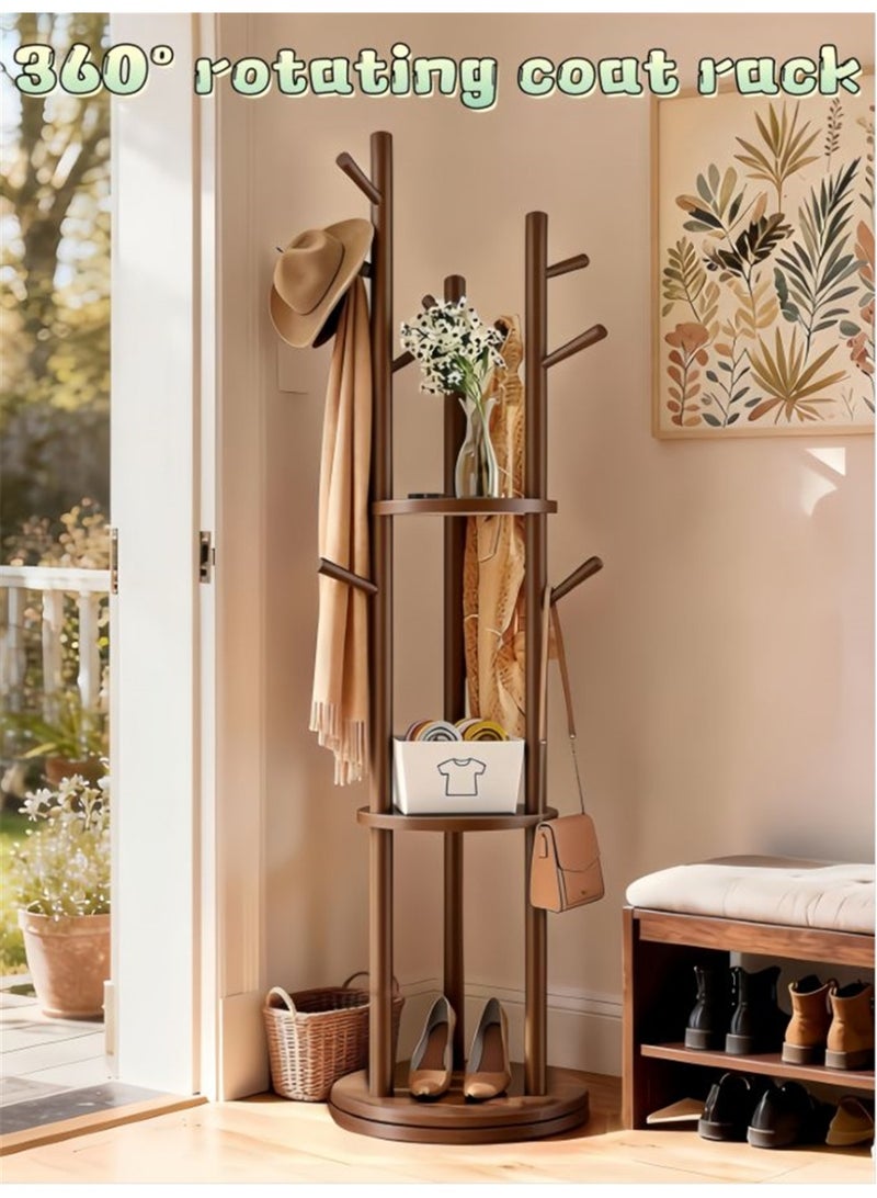 Wood Coat Rack, Rotary Coat Rack Freestanding with 3 Storage Shelves & 9 Hooks, Coat Tree with Rotating Base for Entryway Livingroom Bedroom Office Corner, 40*40*164cm (Brown) - Image 1