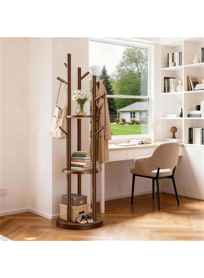 Wood Coat Rack, Rotary Coat Rack Freestanding with 3 Storage Shelves & 9 Hooks, Coat Tree with Rotating Base for Entryway Livingroom Bedroom Office Corner, 40*40*164cm (Brown) - Image 3