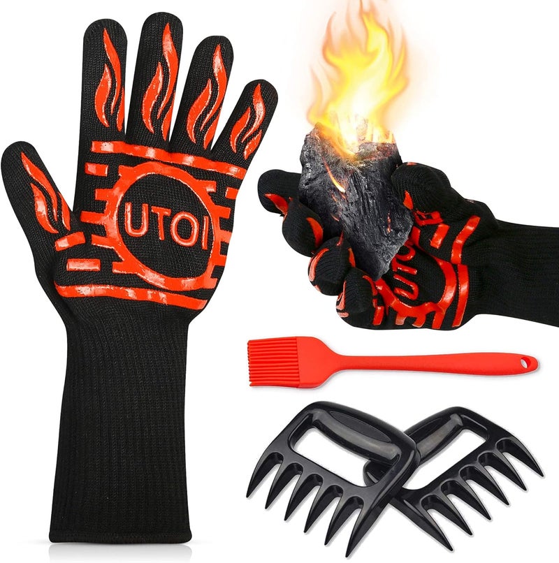 UTOI BBQ Grill Gloves Kit, 1472°F Heat Resistant BBQ Gloves/Long Non-Slip Oven Mitts, Meat Shredder Claws & Silicone Basting Brush for Grilling, Smoker, Baking, Barbecue, Kitchen & Outdoor Cooking - Image 1