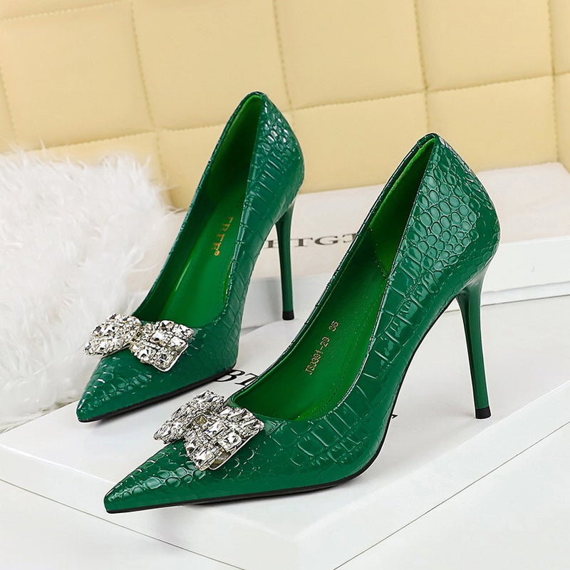 3391-K51 Skinny Banquet High Heels Stiletto Heel Super Heel Shallow Mouth Pointed Rhinestone Bow Buckle Shoes - Image 5