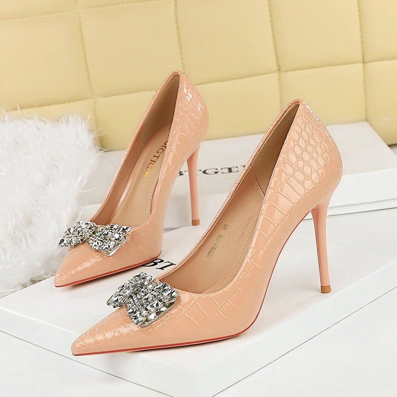 3391-K51 Skinny Banquet High Heels Stiletto Heel Super Heel Shallow Mouth Pointed Rhinestone Bow Buckle Shoes - Image 4