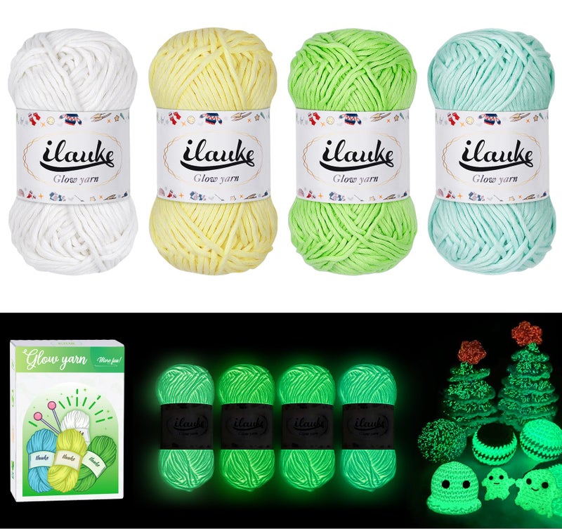 ilauke Glow in The Dark Yarn 4x50g Crochet Yarn Luminous Yarn Polyester Knitting Yarn for Crocheting Glow Yarn for Halloween Christmas Handcraft DIY Projects Blankets Clothes