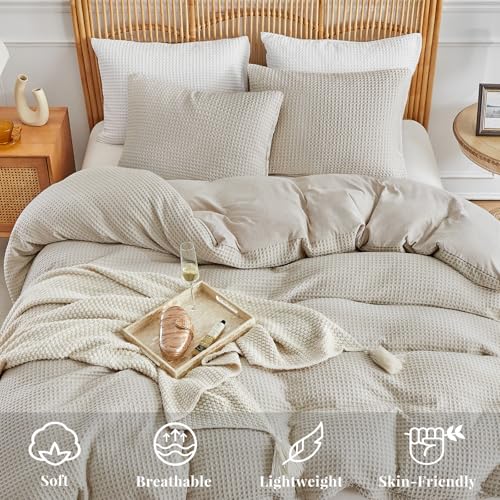 WARMDERN Waffle Weave Duvet Cover Queen Size, Khaki Textured Duvet Cover Set, Soft and Breathable Comforter Cover, 3 Pieces Microfiber Bedding Set for All Season(Khaki,Queen) - Image 2