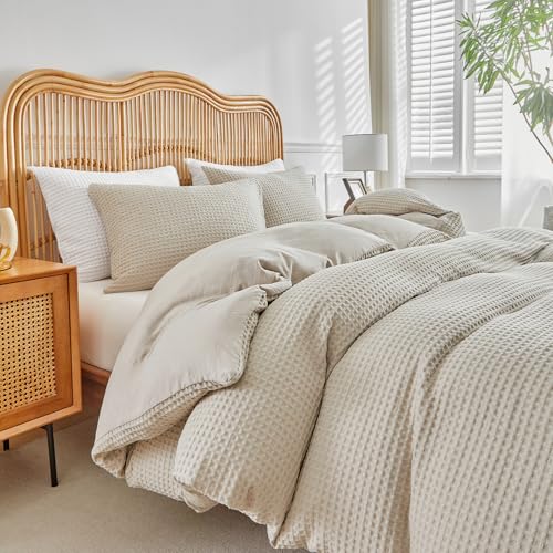 WARMDERN Waffle Weave Duvet Cover Queen Size, Khaki Textured Duvet Cover Set, Soft and Breathable Comforter Cover, 3 Pieces Microfiber Bedding Set for All Season(Khaki,Queen) - Image 5