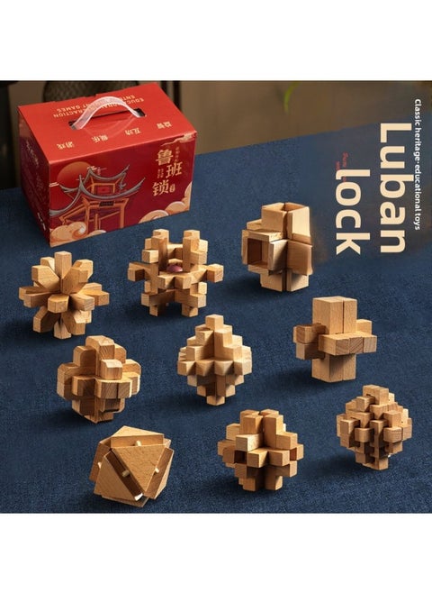 Luban Lock Kongming Lock Full Set Of Primary School Children's Toys 8-12 Years Old Unlock Unblocking Boys Intelligence Building Blocks-Color:Beech Package B Nine-piece Set [gift Box] Advanced, Recommend Middle School Students