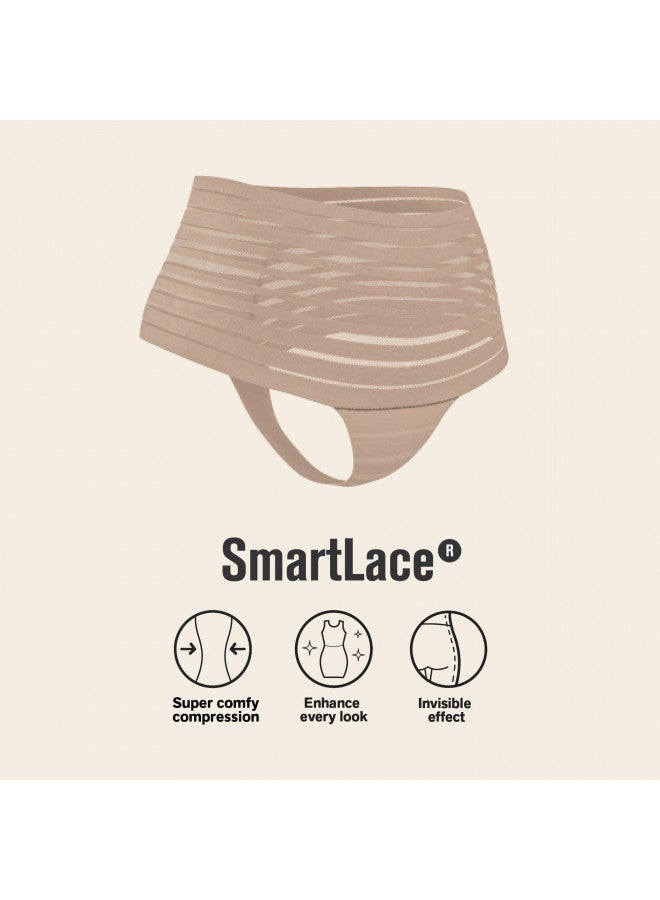 Leonisa Seamless High Waisted Thong Panty with Lace Stripe for Women - Slimming Tummy Control Underwear Beige