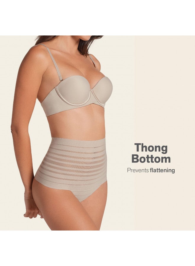 Leonisa Seamless High Waisted Thong Panty with Lace Stripe for Women - Slimming Tummy Control Underwear Beige