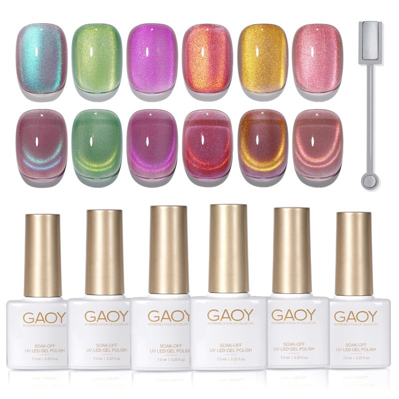 GAOY Cat Eye Gel Nail Polish Set with Magnet for Pink Green Glitter Holographic Cat Eye, Salon Gel Manicure and Nail Art DIY at Home, Brilliant Fireworks - Image 1