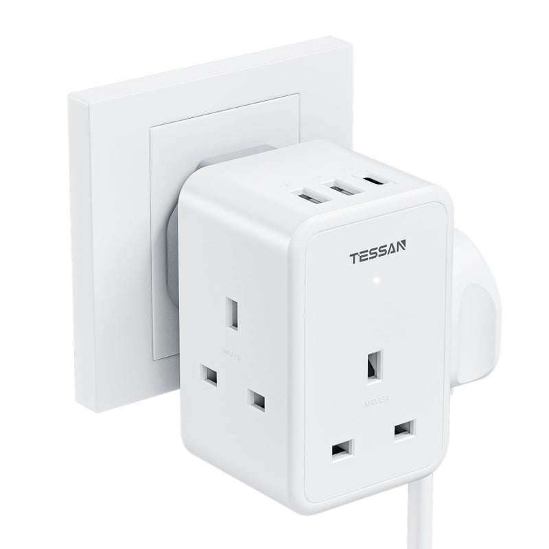 TESSAN 3 Way Multi Plug，Extension Socket with 3 USB Charging Station - Image 1