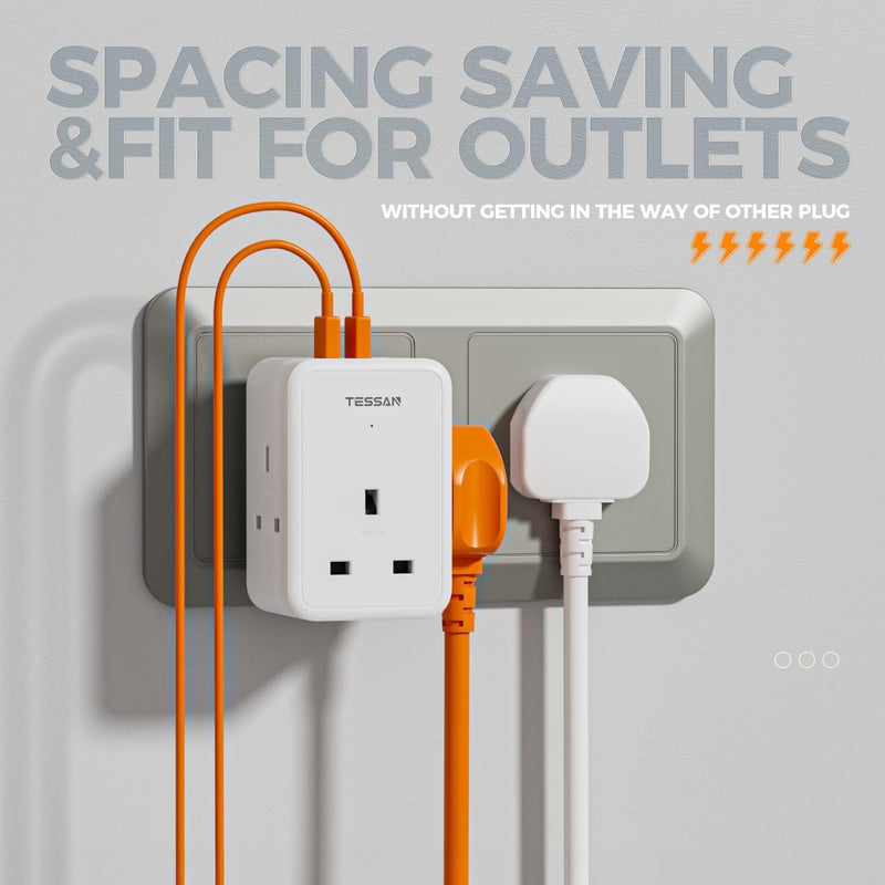 TESSAN 3 Way Multi Plug，Extension Socket with 3 USB Charging Station - Image 3