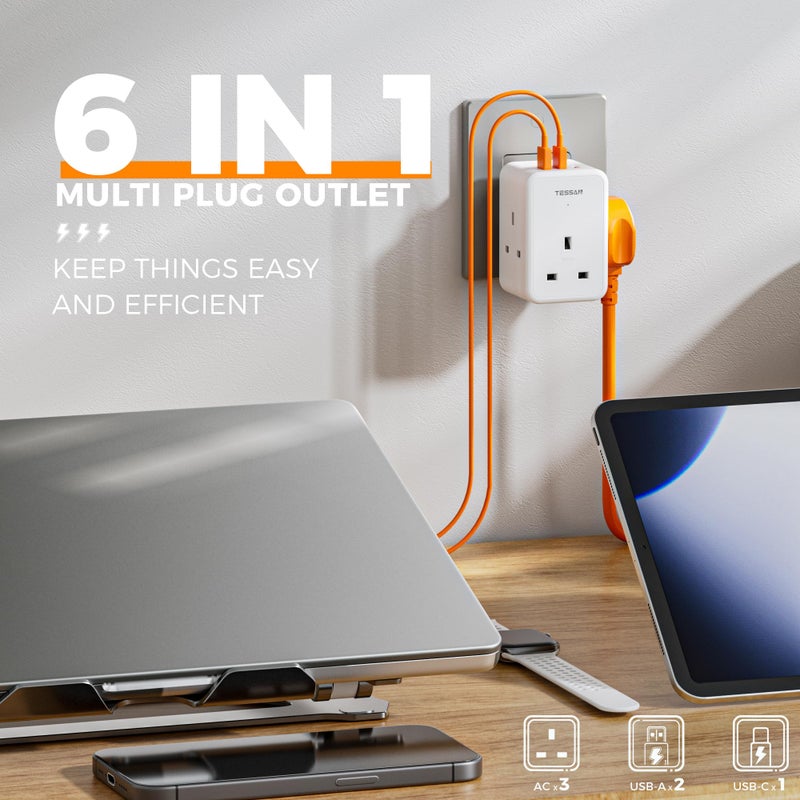 TESSAN 3 Way Multi Plug，Extension Socket with 3 USB Charging Station - Image 2
