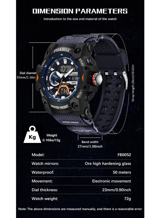 FOXBOX New Digital Analog Men's Watch Week/Calendar Dual Display Large Dial Waterproof Outdoor Sports Luminous Silicone Blue Quartz Watches for Men - Image 4