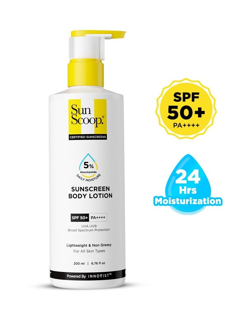 SunScoop 5 percent niacinamide sunscreen body lotion spf 50 plus pa plus plus plus plus 24hr moisturization prevents tan and sunburn reduces pigmentation lightweight non sticky no white cast for all skin types summer body sunscreen 200ml - Image 2