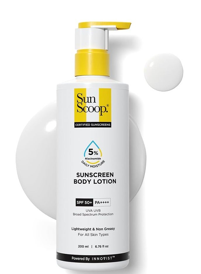 SunScoop 5 percent niacinamide sunscreen body lotion spf 50 plus pa plus plus plus plus 24hr moisturization prevents tan and sunburn reduces pigmentation lightweight non sticky no white cast for all skin types summer body sunscreen 200ml - Image 1