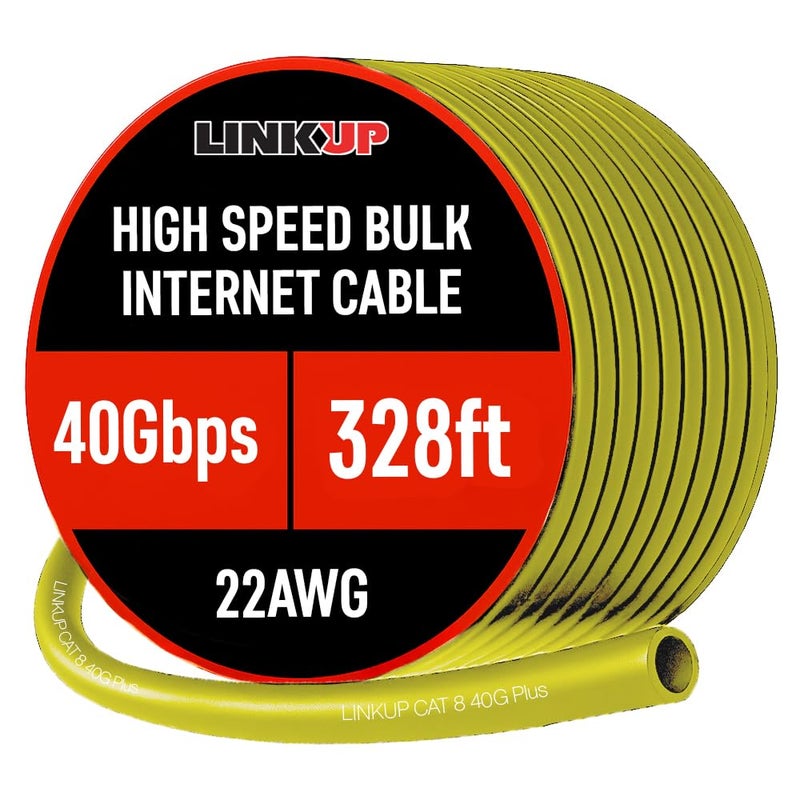LINKUP Cat8 Ethernet Cable SFTP 22AWG Screened Solid Cable 2000MHz 2GHz up to 40Gbps Future 5thGen Ethernet LAN Network 40G Structure Wires Yellow 100 Meter Bulk Termination Required