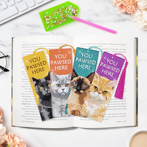 NANZHOO 6 PCS Diamond Art Kits Bookmarks Cat Diamond Painting Bookmark, 5D DIY Book Marks Dimond Art Paintings Gem Art, Acrylic Bookmarks with Tassels,Arts and Crafts for Adults Reading Gifts for Book Lovers - Image 2