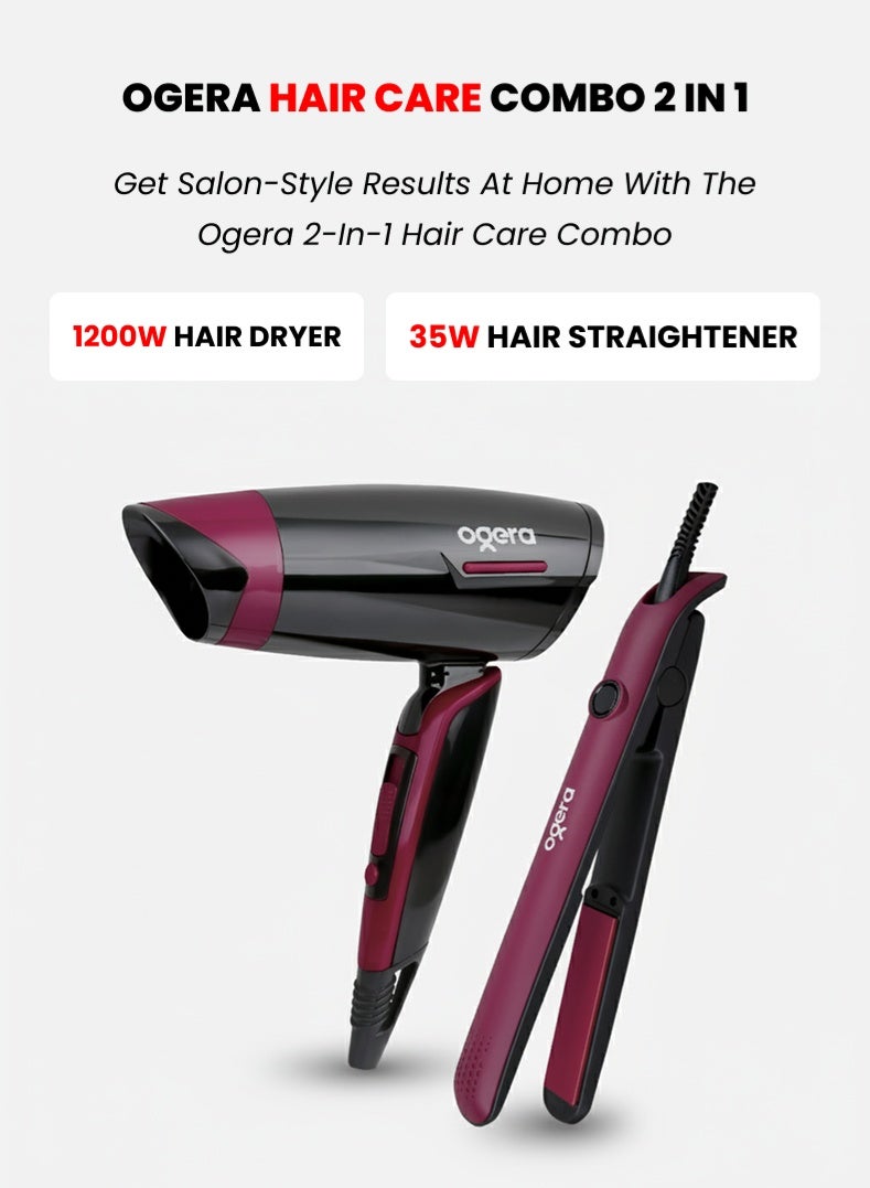أوجيرا مجموعة العناية بالشعر 2 في 1 – مجفف شعر بقوة 1200 واط مع 3 إعدادات للحرارة وحماية من ارتفاع الحرارة + مكواة فرد الشعر السيراميكية بقوة 35 واط بتسخين سريع ودرجة حرارة 200°م – موديل OG2900HDS، أحمر وأسود - Image 1